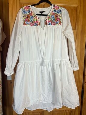 White J. Crew Peasant Dress with Colorful Floral Embroidered Yoke